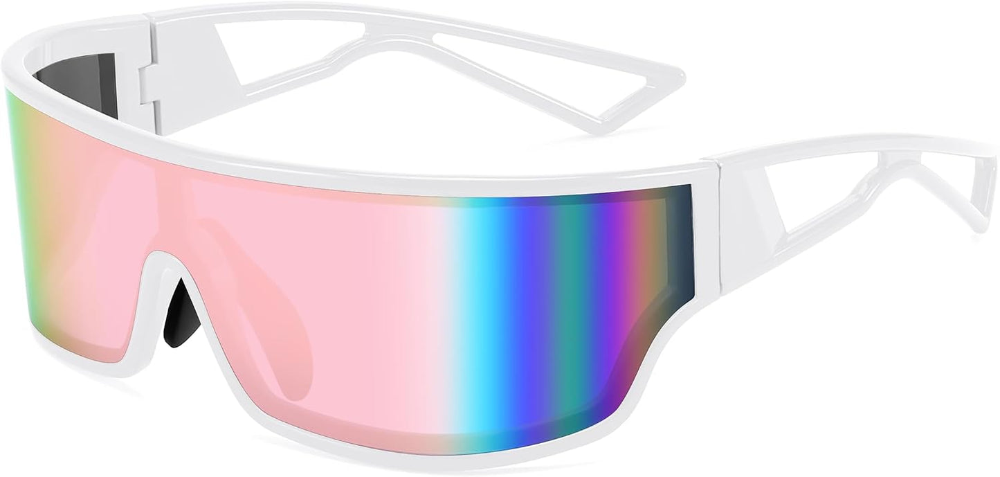 White Frame Pink Mirrored Lens / 75 Millimeters | B0D3PPBLT4 | FEISEDY Trendy Futuristic Wrap Sunglasses Flat Top Mirrored One Piece Lens Reflective Sun Glasses for Women Men B0161