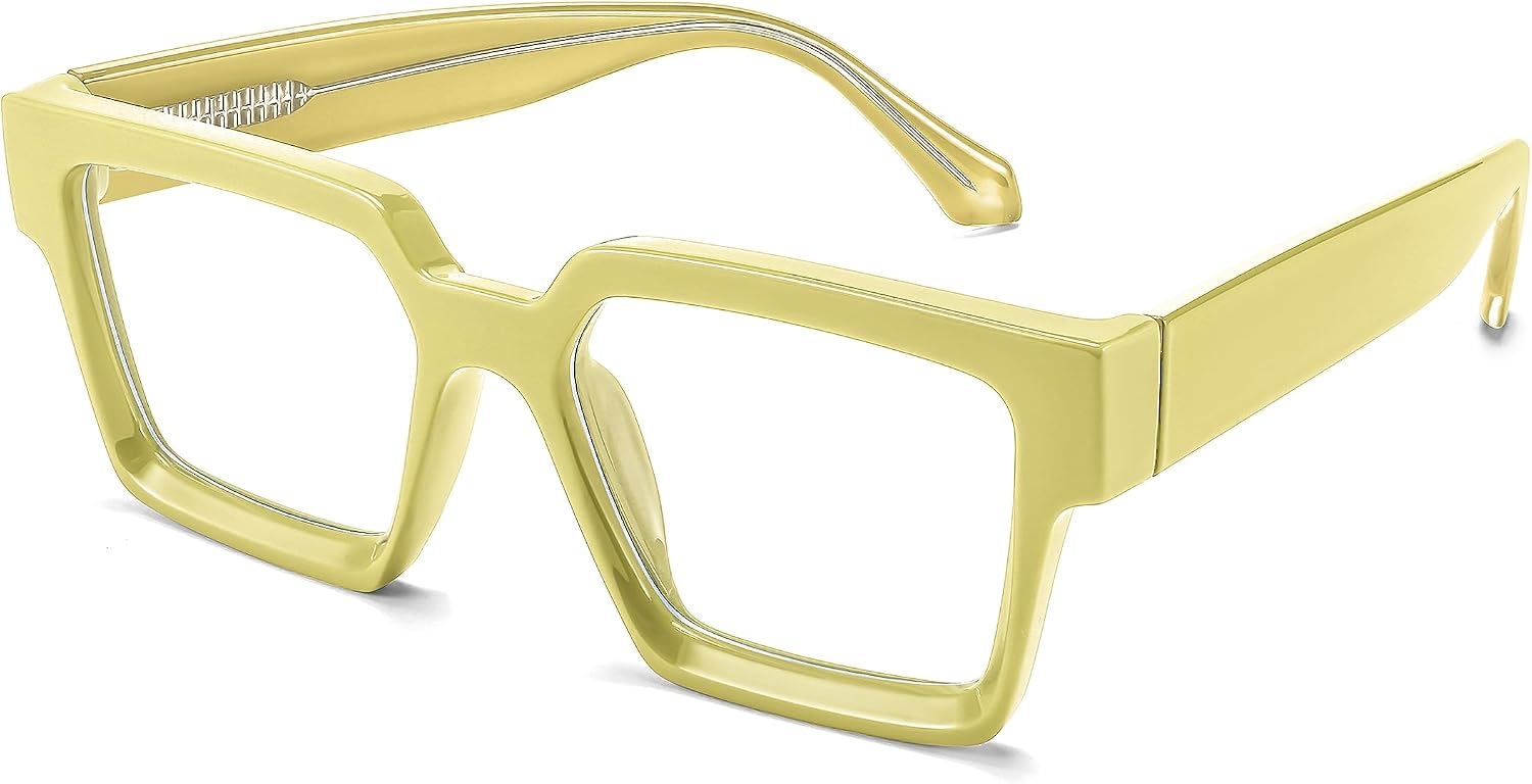 003 - Yellow / 53 Millimeters | B0CDBG57HM | FEISEDY Oversized Blue Light Glasses for Women Men TR90 Retro Square Anti Eyestrain Glasses Rectangle Fashion Frame B0037