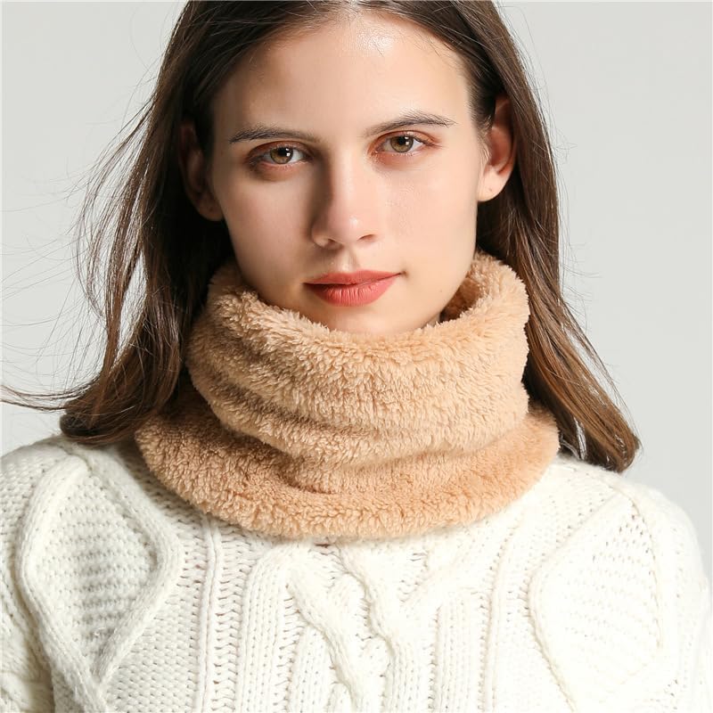 Apricot | B0FYFGTN4N | Winter Scarf for Women, Neck Warmer Gaiter, Soft Coral Fleece Thermal Neck Wrap, Beige Pullover Style for Cold Weather