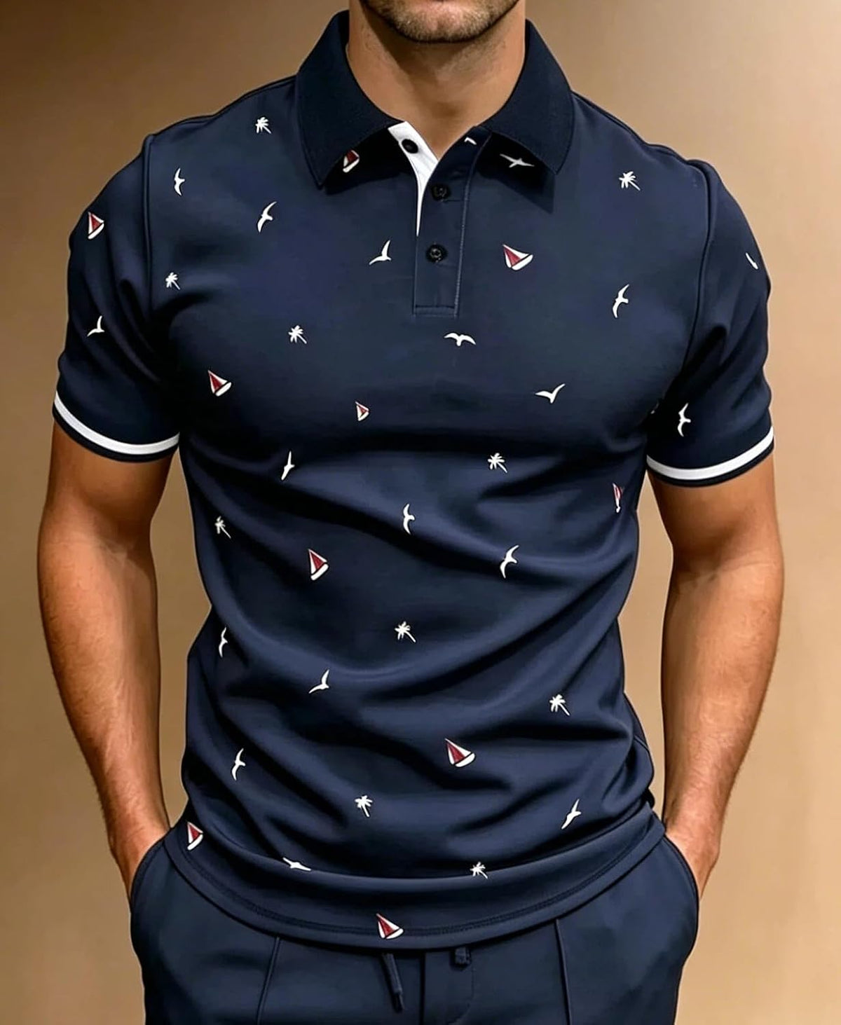 商品图片 3 | B0H2XKB7NK | Navy Blue Nautical Print Golf Shirts for Men, Dry Fit Short Sleeve Polo Shirt Casual Summer Golf Polo for Vacation Daily Wear