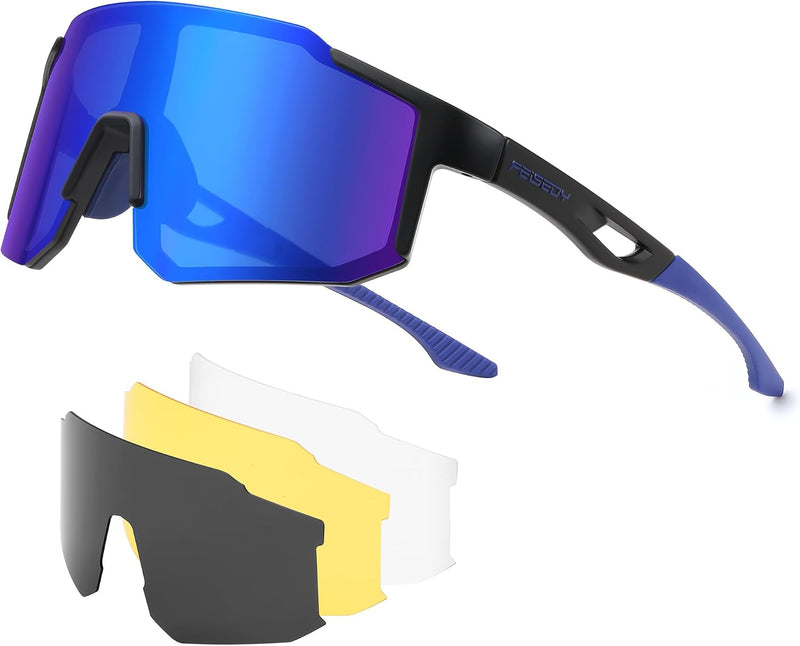 Black/Blue / 75mm | B0F62TCTB9 | FEISEDY Polarized Sports Sunglasses for Men Women Youth - Baseball, Running, Cycling UV400 Protection 4 Lenses B0279