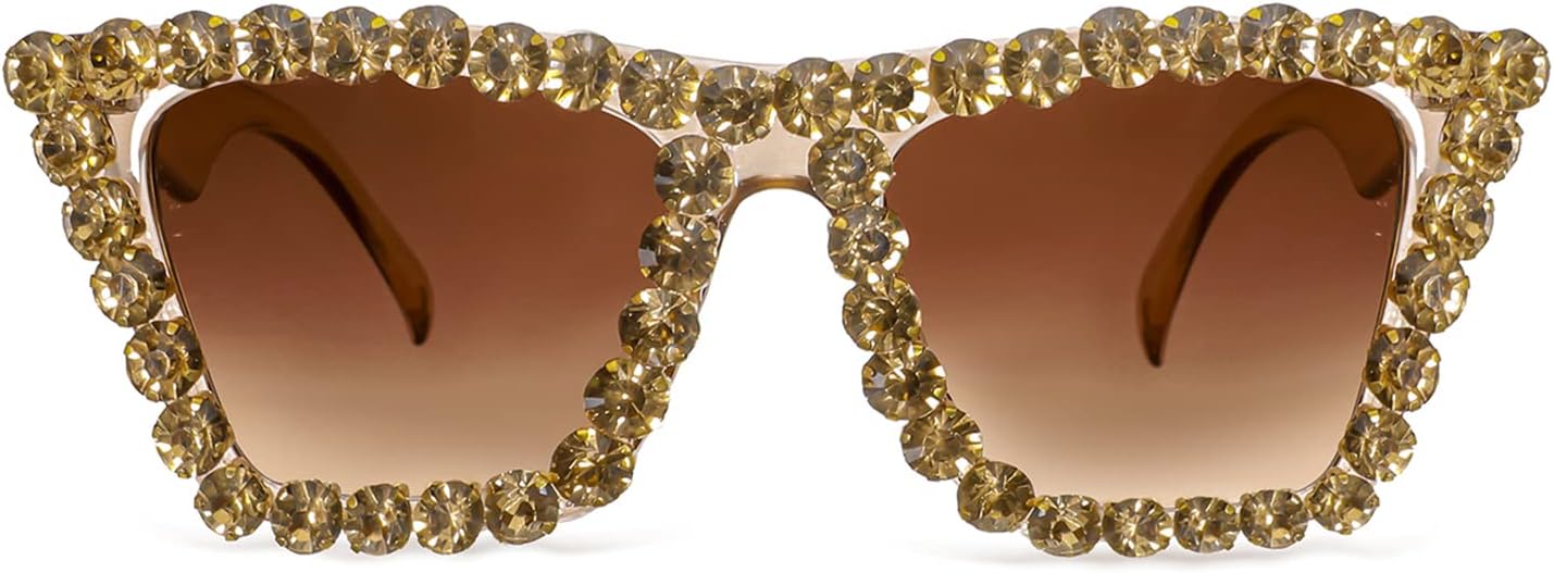 Champagne / 52 Millimeters | B09V7WSDHH | FEISEDY Women Crystal Square Cat Eye Sunglasses Sparkling Trendy Retro Cateye Sunglasses B2898
