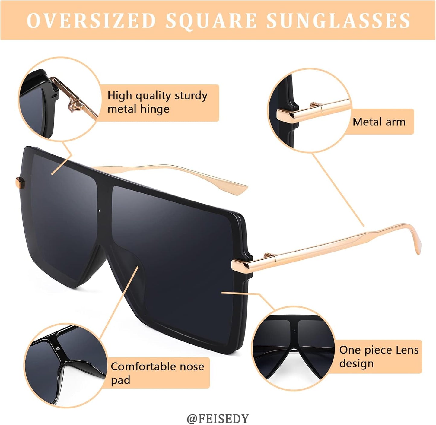 商品图片 10 | B097CVFDZT | FEISEDY Flat Top Oversized Shield Sunglasses Women Men Square Fashion Rimless Shades UV400 B2784