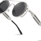 Silver Frame With Gray Lens and Silver Leg / 50 Millimeters | B0BD4PX9D7 | FEISEDY Aviator Sunglasses for Men Women Steampunk Round Metal Frame B2351
