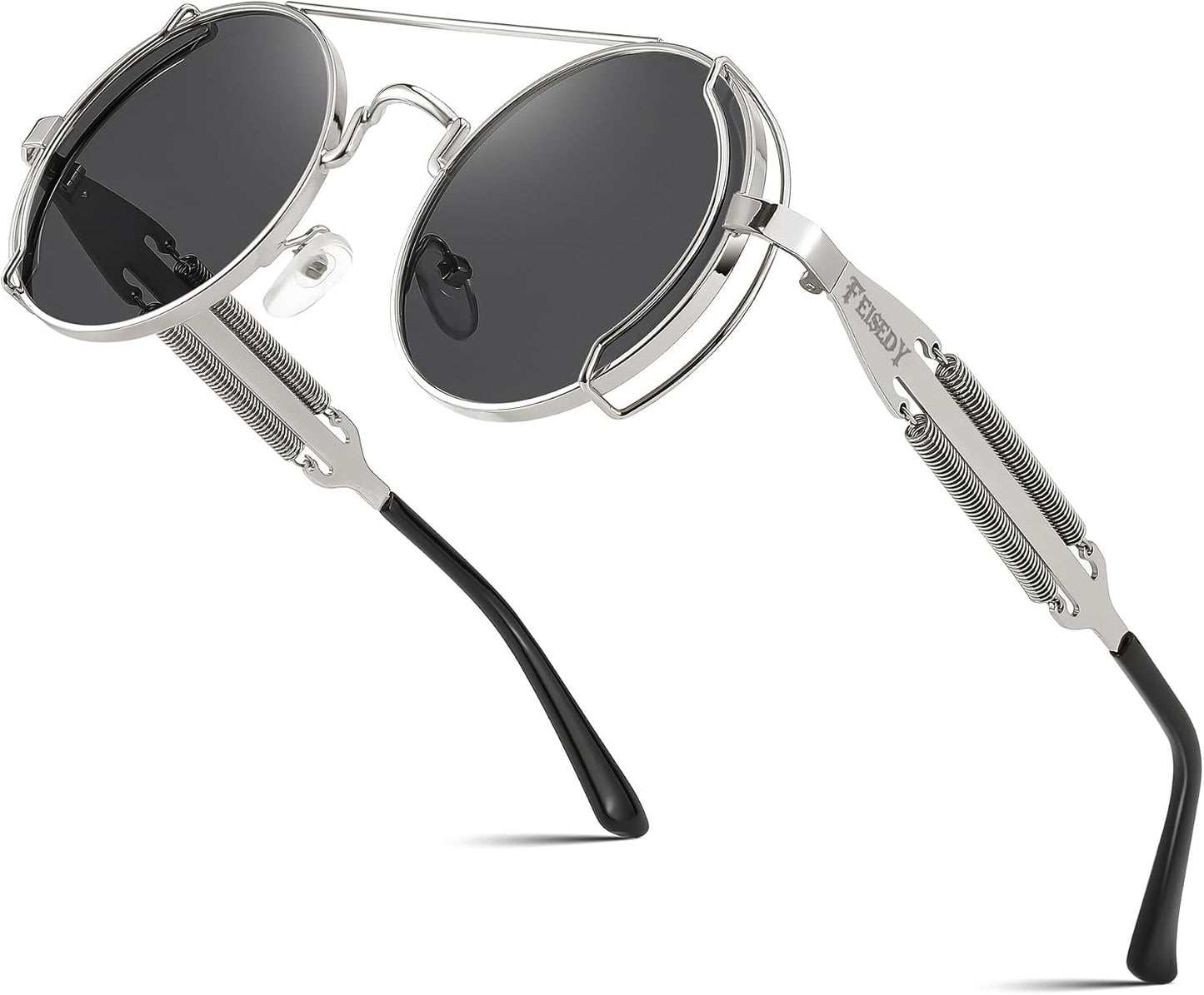 Silver Frame With Gray Lens and Silver Leg / 50 Millimeters | B0BD4PX9D7 | FEISEDY Aviator Sunglasses for Men Women Steampunk Round Metal Frame B2351