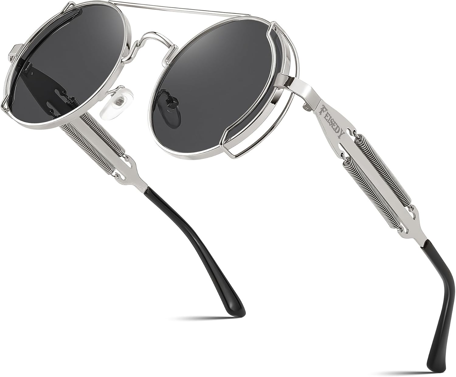Silver Frame With Gray Lens and Silver Leg / 50 Millimeters | B0BD4PX9D7 | FEISEDY Aviator Sunglasses for Men Women Steampunk Round Metal Frame B2351