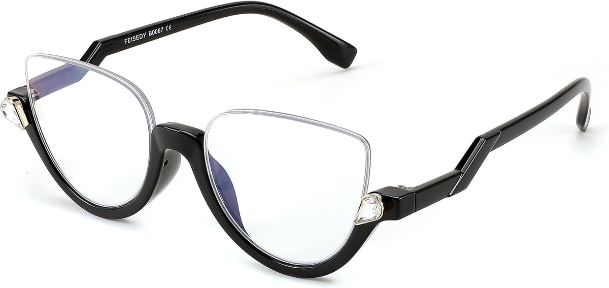 Black / 2.0 x | B0CJJ5SM33 | FEISEDY Reading Glasses for Women Fashion Half Frame Cat Eye Glasses Anti Glare Eyeglasses B0067