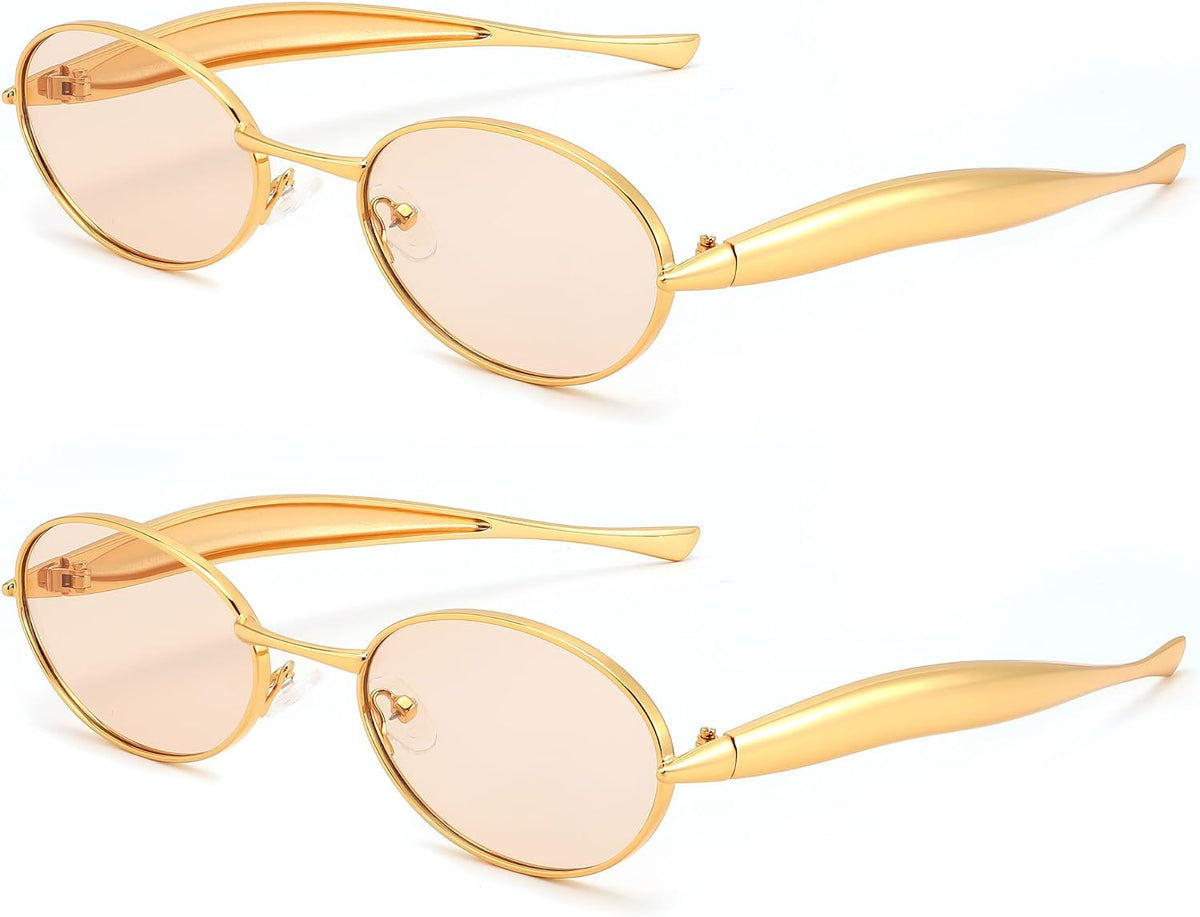 2pack(gold/Champagne+gold/Champagne / 55 Millimeters | B0FH3QVKN9 | FEISEDY Retro Oval Sunglasses Women Men - Gold Metal Chunky Frame, UV400 for Driving & Daily Wear B0312