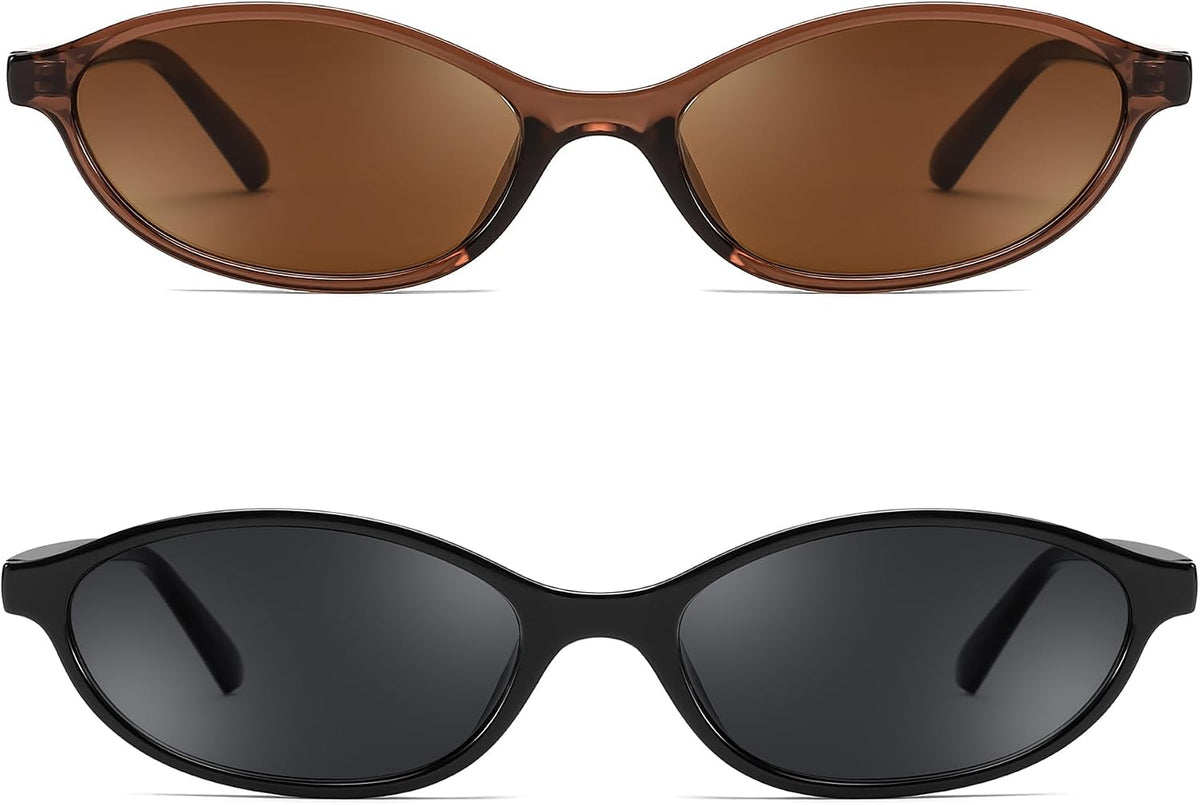 2 Pack Brown+black / 54 Millimeters | B0DMN5N6DK | FEISEDY Retro Oval Cat Eye Sunglasses for Women 90s Narrow Lightweight Shades Y2k Trendy Sunnies B0257