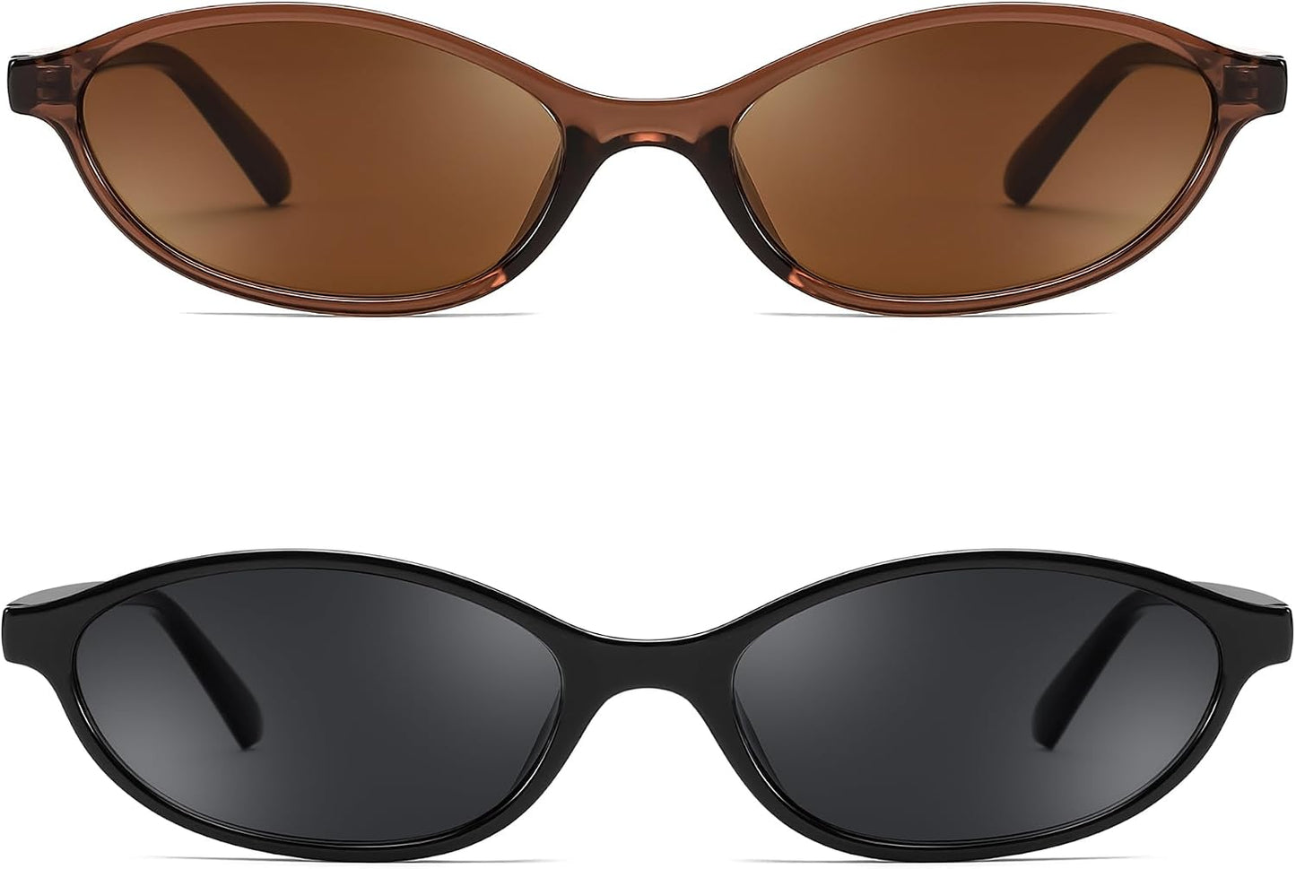2 Pack Brown+black / 54 Millimeters | B0DMN5N6DK | FEISEDY Retro Oval Cat Eye Sunglasses for Women 90s Narrow Lightweight Shades Y2k Trendy Sunnies B0257