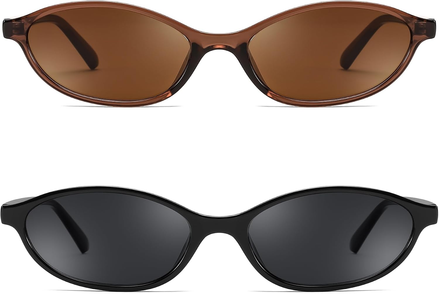 2 Pack Brown+black / 54 Millimeters | B0DMN5N6DK | FEISEDY Retro Oval Cat Eye Sunglasses for Women 90s Narrow Lightweight Shades Y2k Trendy Sunnies B0257