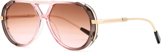 FEISEDY Retro Aviator Sunglasses for Women Men Vintage Trendy Metal 70s Aviators Sun Glasses B0405 | BLACK Series - Grey Pink Frame - Gradient Brown Lens