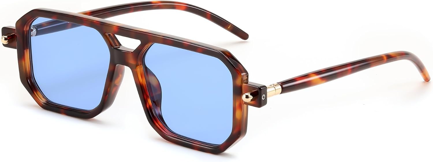 017 Leopard Frame & Blue Lens / 52 Millimeters | B0CYLGR6BQ | FEISEDY Vintage Square 70s Flat Aviator Sunglasses Women Men Classic Retro Stylish Frame UV400 Sunglasses B2622
