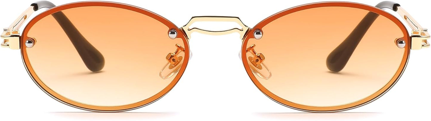 002gold/Gradual Tea / 55 Millimeters | B0DGPQ2BTK | FEISEDY Retro Oval Sunglasses for Women Men Trendy Sun Glasses Classic Metal Shades UV400 Protection B0245