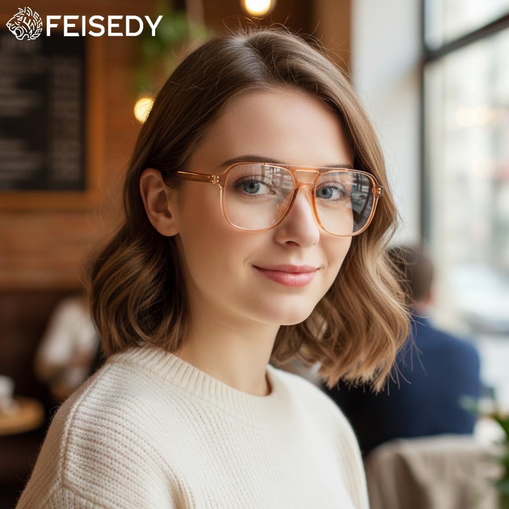 商品图片 29 | B0FWXP3HKW | FEISEDY Fashion Aviator Blue Light Reading Glasses for Woman Men B0318 | Square Pilot Computer Glasses, Anti Eyestrain Glare Readers