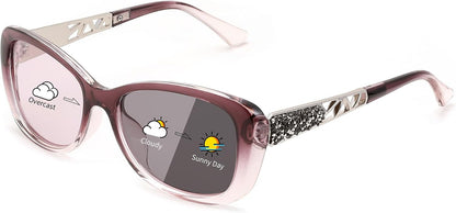 A-polarized Photochromic Purple / 58 Millimeters | B0D2RBKKPD | FEISEDY Polarized Women Sunglasses Retro Shades Photochromic Lens Sparkling Crystal Sunglasses UV400 Protection B0144
