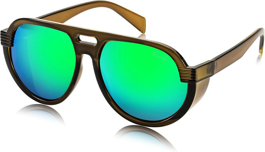 Green Frame/Green Lens / Green | B0CT8R8S1H | FEISEDY Steampunk with Side Shields Aviator Sunglasses for Men Women 80s Retro Flat Top Oversized Polarized Shades B0096