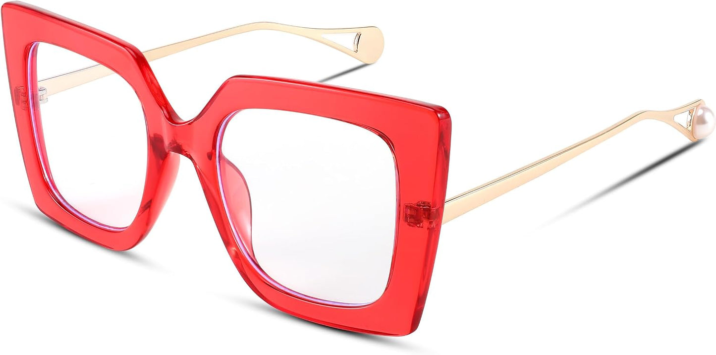 Red / 62 Millimeters | B0BXMZ5PV4 | FEISEDY Oversized Square Blue Light Blocking Glasses Eye Strain Glare Pearl Inlay Arm Cat Eye Fashion Eyewear B2639