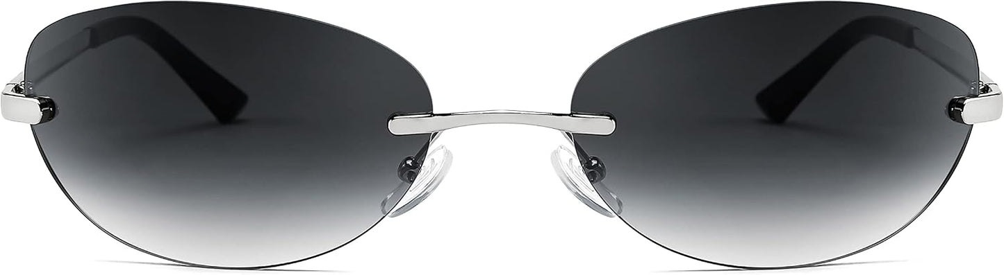 商品图片 24 | B0BZPBKFF1 | FEISEDY Trendy Rimless Oval Sunglasses for Women Men Retro 90s Eyewear Frame Y2K Glasses B2393