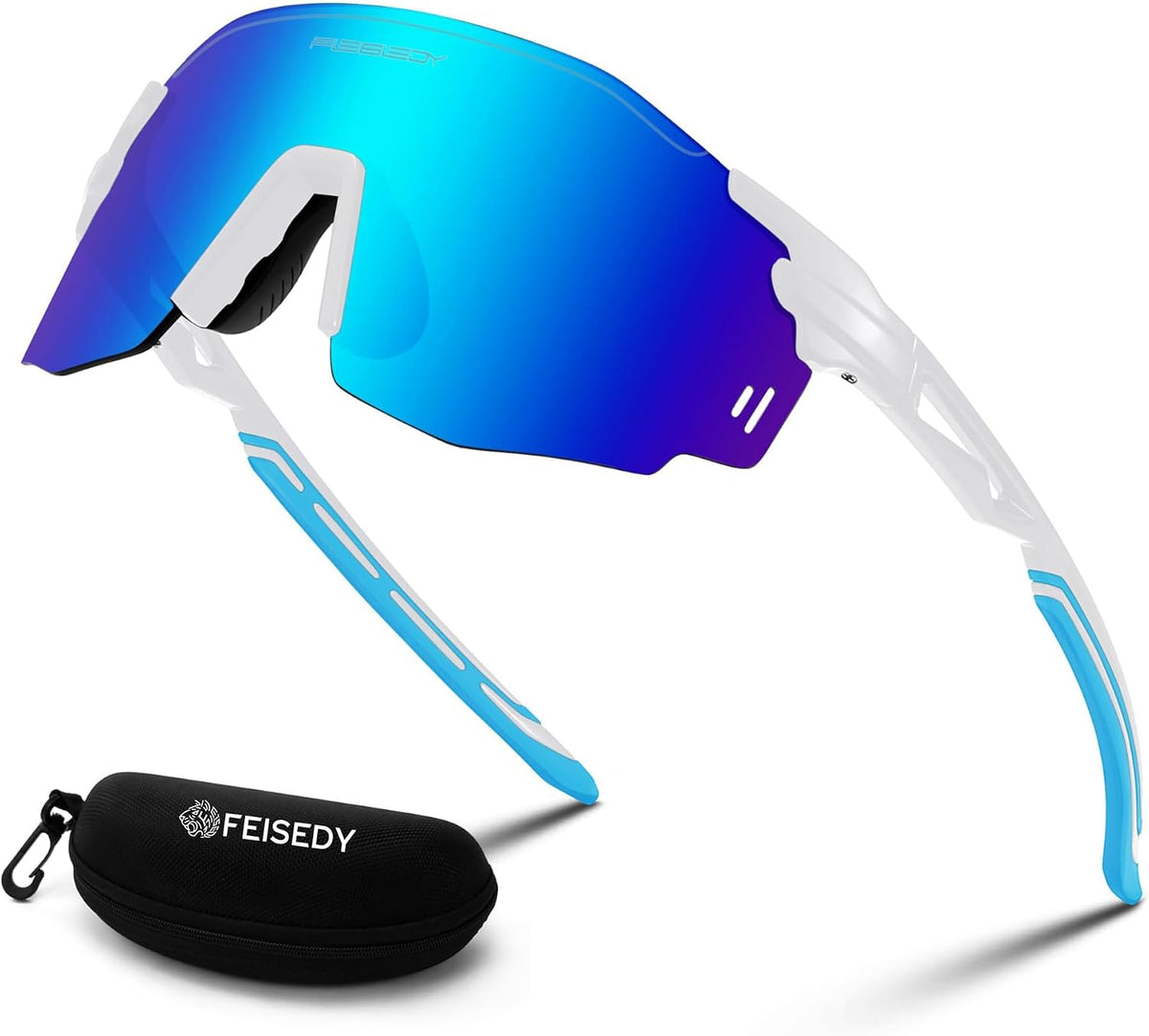 White Frame Blue Mirrored Lens / Large | B0CYZPYDJZ | FEISEDY Rimless Sports Sunglasses for Men Women Tr90 Frame for Cycling Fishing Running B0116