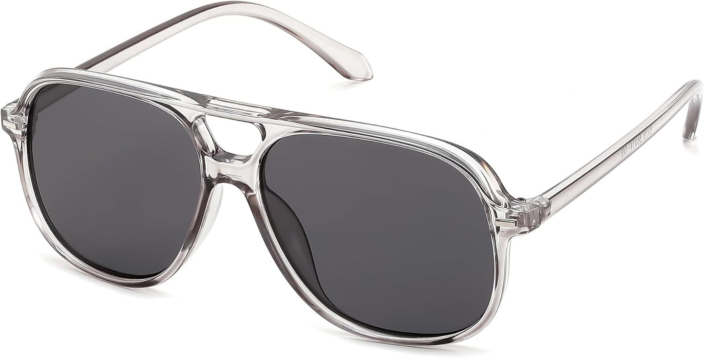 Transparent Grey & Grey / 56 Millimeters | B0H1WFWCP2 | FEISEDY Retro Square Aviator Sunglasses Women Men Double Bridge B0443