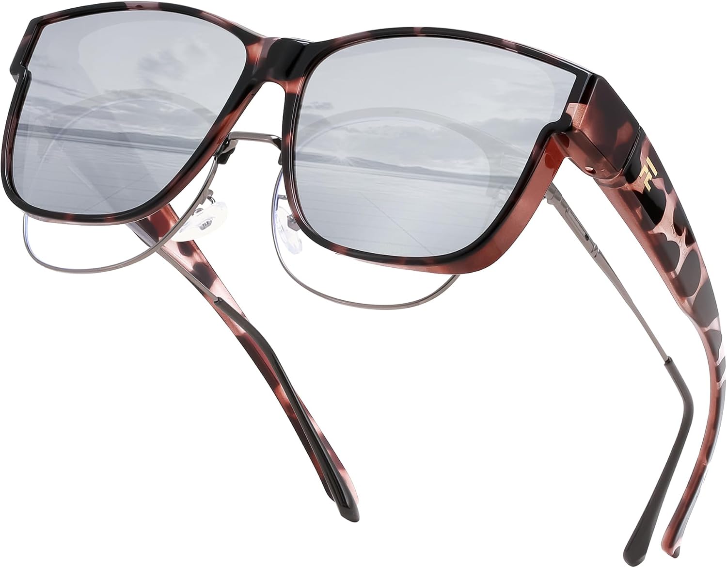 Khaki Tortoise Frame & Silver Lens / 63 Millimeters | B0GQH1CMTJ | FEISEDY Fit Over Glasses Polarized Sunglasses Oversized Square UV400 B0250