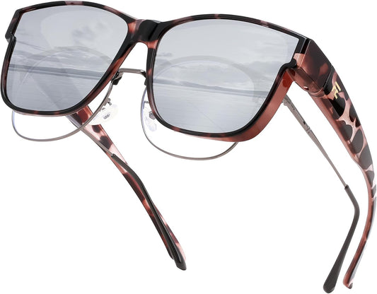 Khaki Tortoise Frame & Silver Lens / 63 Millimeters | B0GQH1CMTJ | FEISEDY Fit Over Glasses Polarized Sunglasses Oversized Square UV400 B0250