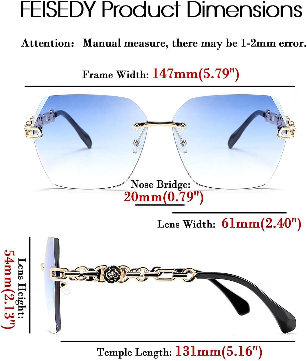 商品图片 21 | B083VRLS2Q | FEISEDY Classic Rimless Sunglasses Women Metal Frame Diamond Cutting Lens Sun Glasses B2567