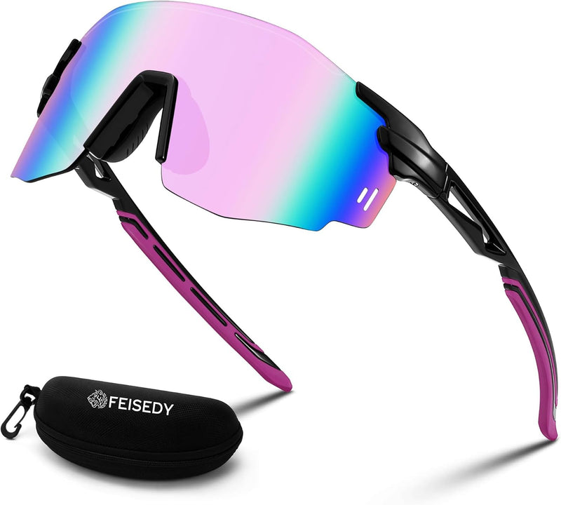 Black Frame Pink Mirrored Lens / Large | B0CYZM95KC | FEISEDY Rimless Sports Sunglasses for Men Women Tr90 Frame for Cycling Fishing Running B0116