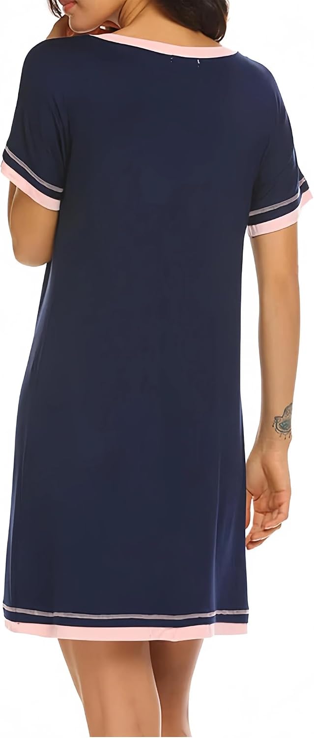 商品图片 2 | B0H1FPGP9J | Women's Short Sleeve Nightgown, Navy Blue & Pink Trim Soft Cotton Blend Sleep Shirt Dress, Casual Loungewear Sleepwear