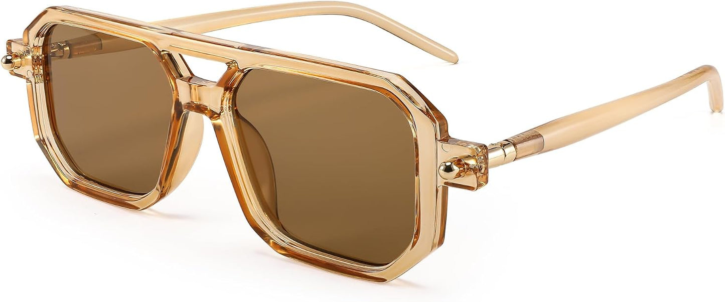 008 Brown Transparent Frame & Brown Lens / 52 Millimeters | B0CBK7LF6L | FEISEDY Vintage Square 70s Flat Aviator Sunglasses Women Men Classic Retro Stylish Frame UV400 Sunglasses B2622