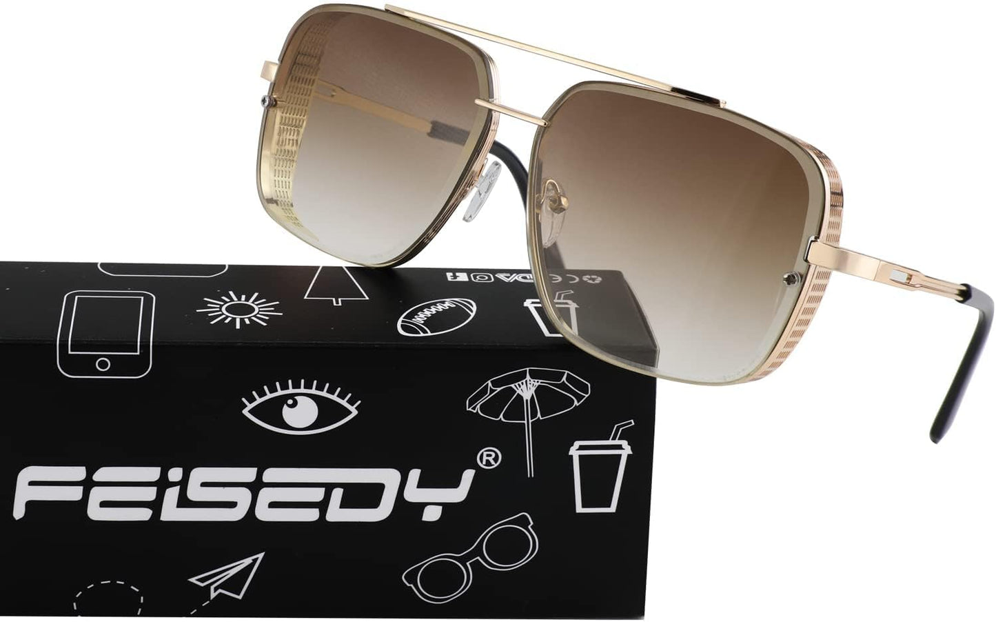 商品图片 9 | B09SDC5BD5 | FEISEDY Sunglasses Mens Women Vintage Pilot Square Trendy Metal Steampunk Fishing Driving Sun Glasses B2894