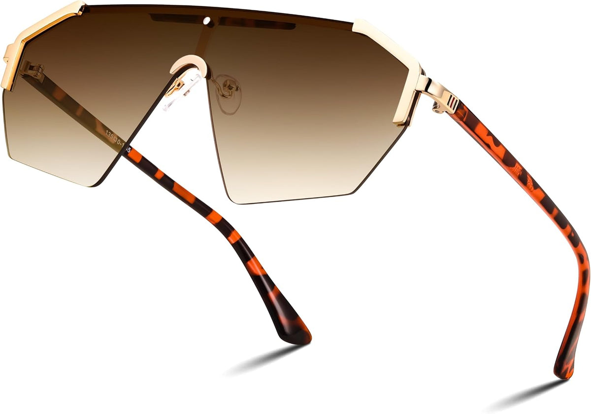 04 Gradual Tea / 67 Millimeters | B0D6G73QDR | FEISEDY Fashion Flat One Piece Oversized Sunglasses Rimless Irregular Stylish Retro Design Shade Women Men B0153