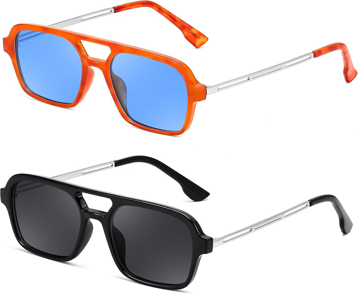 2 Pack - Orange/Blue + Black/Grey / 59 Millimeters | B0F5MXV78L | FEISEDY Vintage Square 70s Flat Aviator Sunglasses Women Men Metal Design Shades B2752