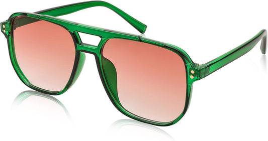 FEISEDY Retro Square Aviator Sunglasses Women Men 70s Vintage Trendy Plastic Frame Sun Glasses B2835 | BLUE Series - 008 Green Transparent Frame/Reddish Brown Gradient Lens