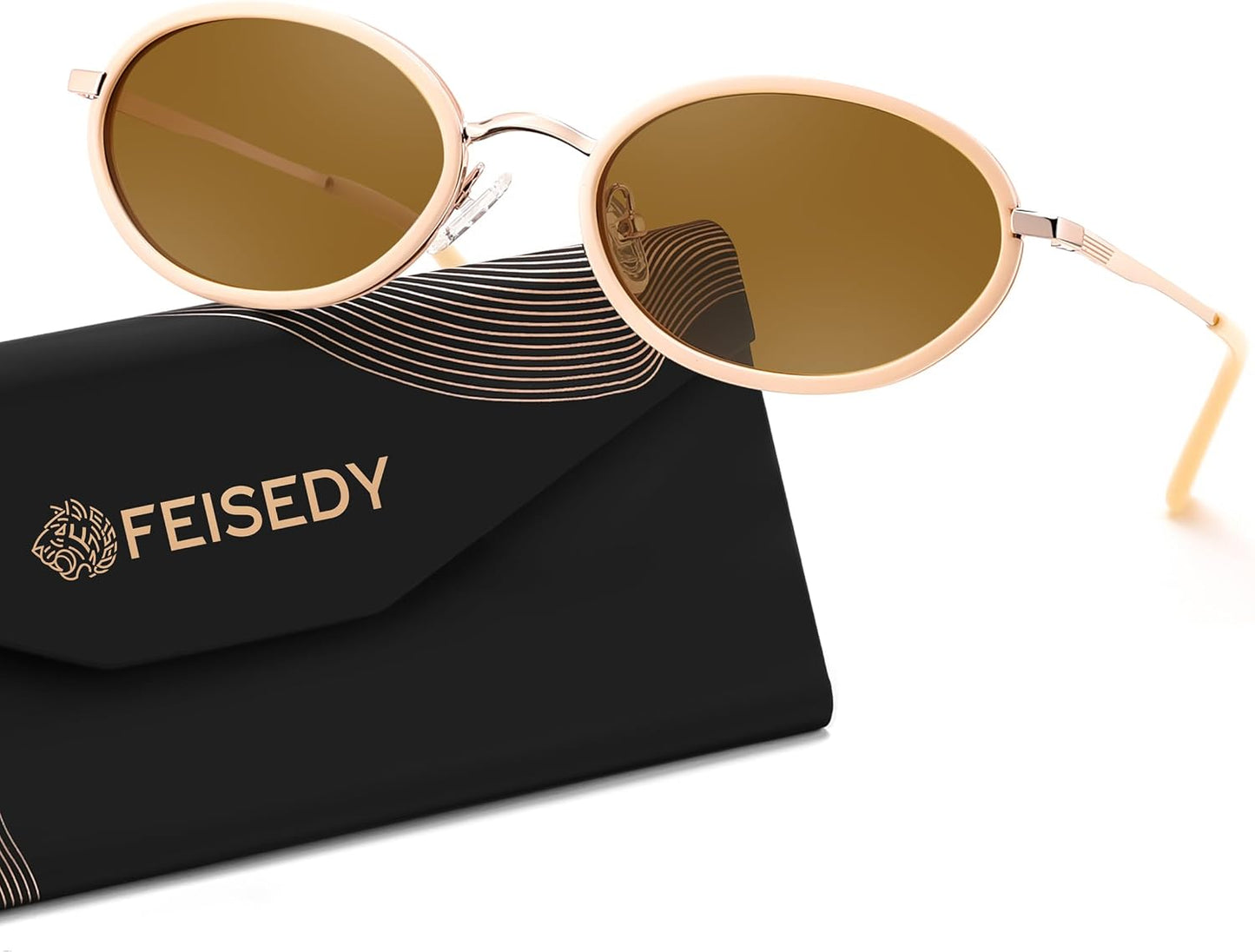 Gold Frame + Orange Lens / 52 Millimeters | B0GX9FQF4H | FEISEDY Polarized Oval Metal Sunglasses for Women Men Classic Retro B0439