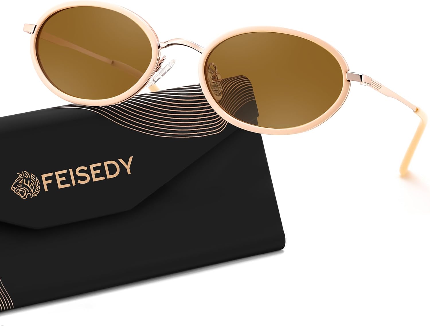Gold Frame + Orange Lens / 52 Millimeters | B0GX9FQF4H | FEISEDY Polarized Oval Metal Sunglasses for Women Men Classic Retro B0439