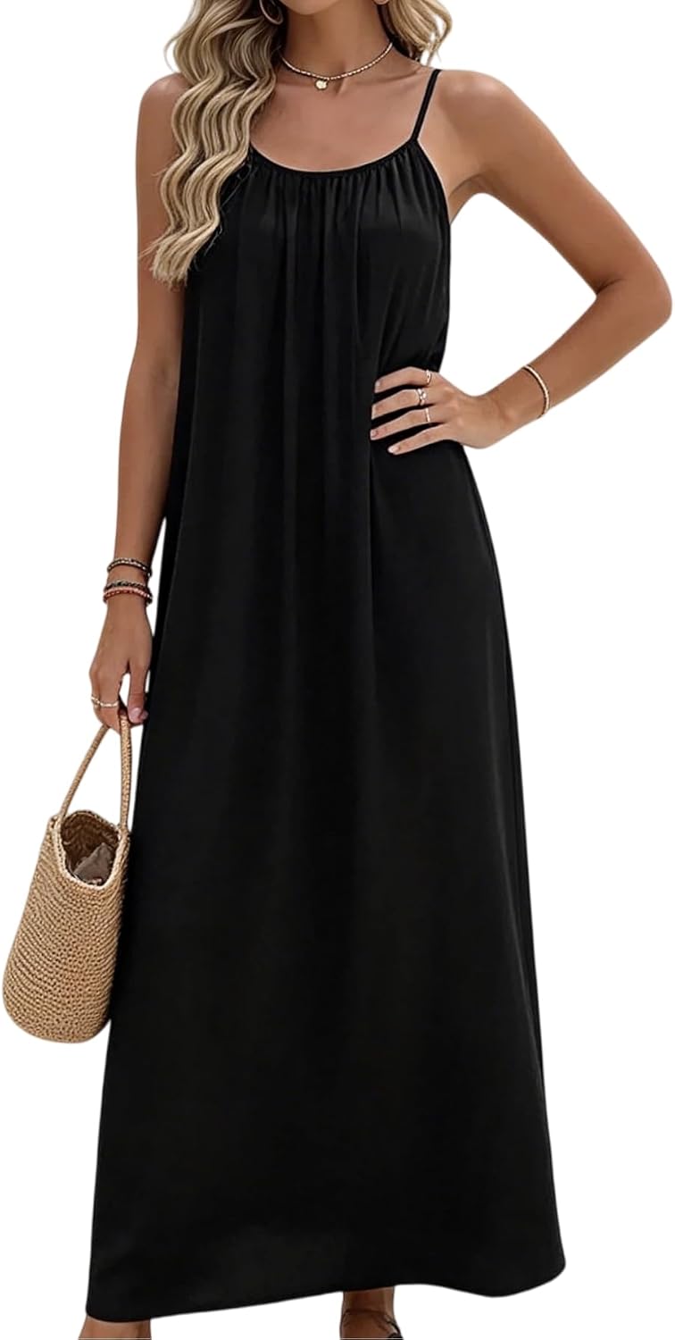 Small | B0H2HQ8H7S | Women's Black Backless Maxi Dress, Spaghetti Strap Flowy Summer Casual Vacation Beach Sundress Size S-L