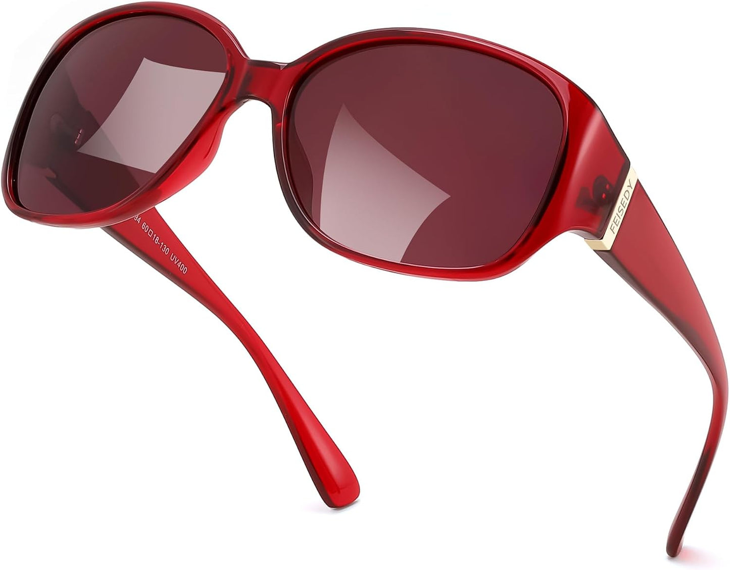 Wine Red Frame & Light Red Lens / 58 Millimeters | B0H4R3MSJ5 | FEISEDY Women's Polarized Sunglasses Wrap Around Vintage Fashion Sunnies UV400 Protection B0394