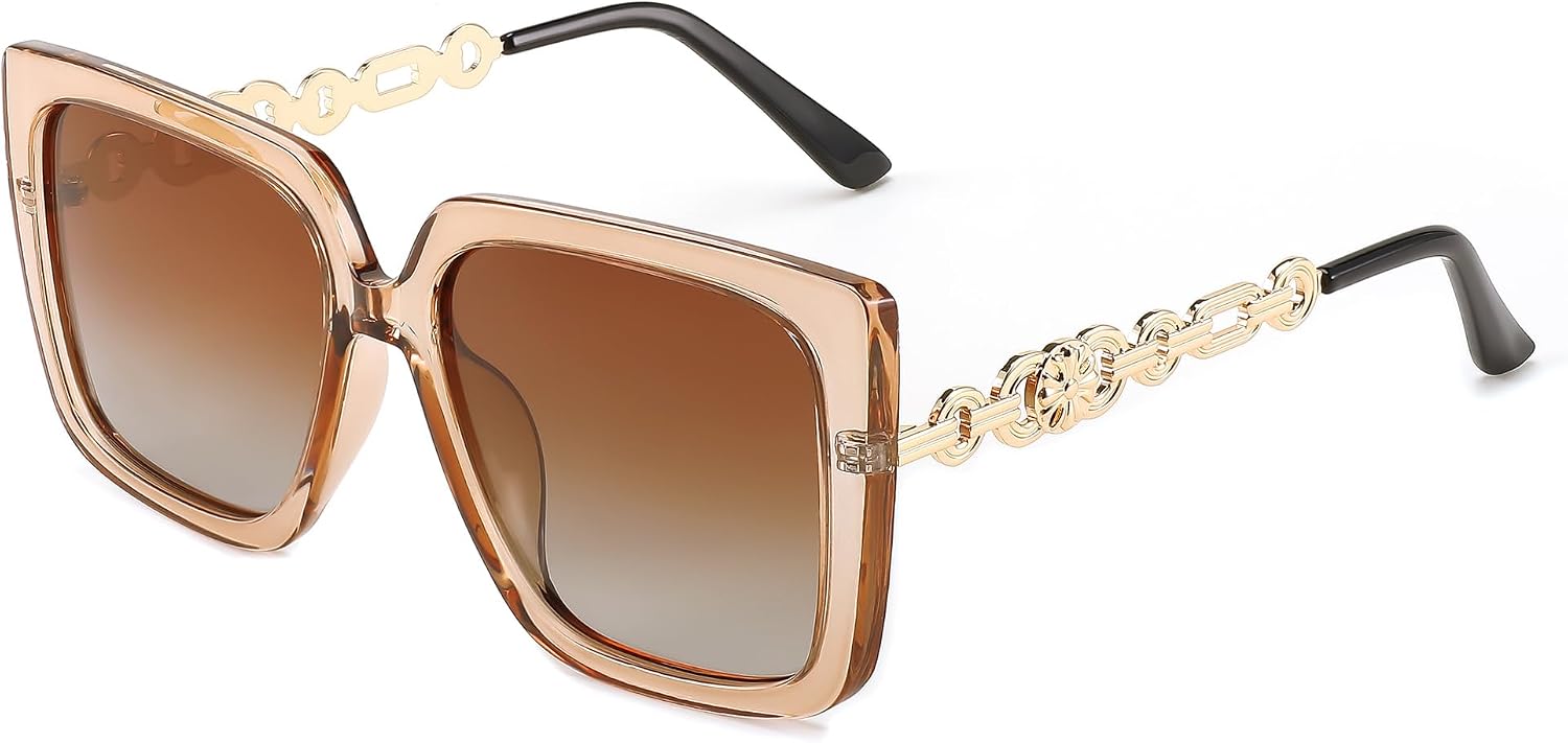 Clear Brown Frame Gradient Brown Lens / 62 Millimeters | B0CNGJTPXT | FEISEDY Sunglasses Womens Trendy, Oversized Square Shades, Pearl Inlay Cat Eye Frame UV400 Protection B2625