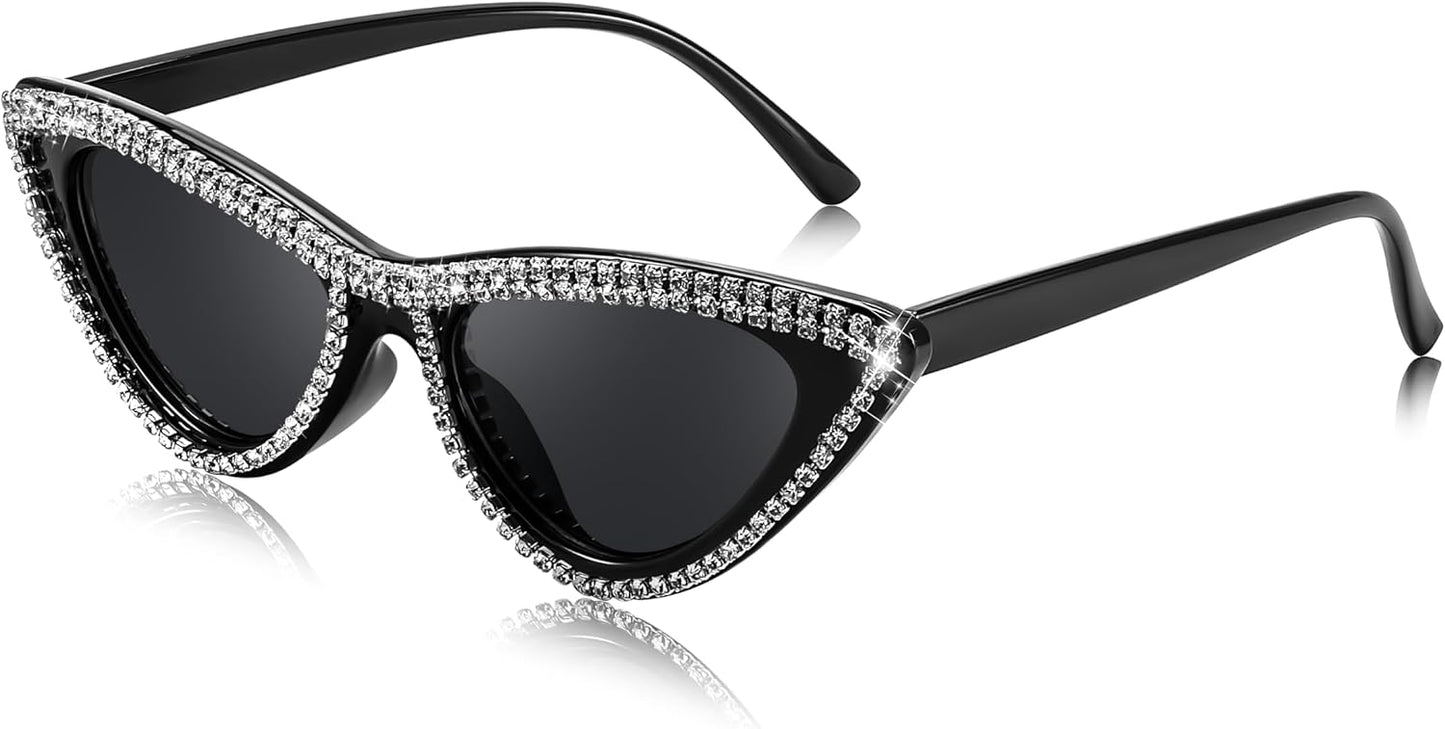 Narrow Pointed White Frame With Bling Crystal Rhinestone / 51 Millimeters | B0CSD731HF | FEISEDY Oversized Women Cat Eye Rhinestone Sunglasses Costume Party B2360