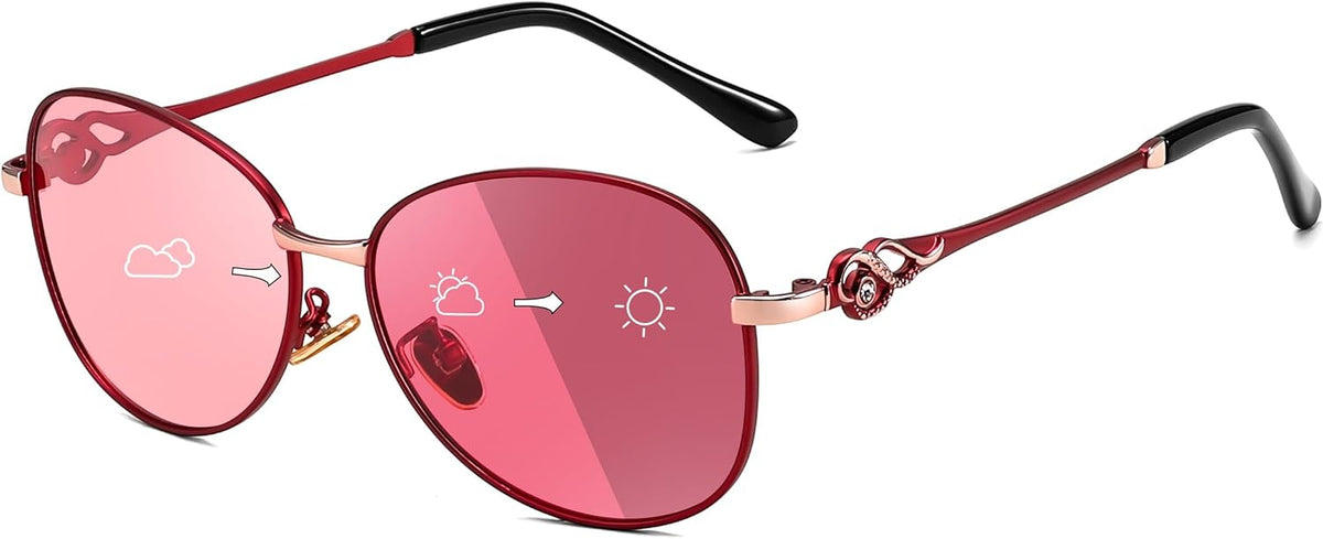 Metal Red Frame & Pink Lens / 57 Millimeters | B0CT2MX974 | FEISEDY Oval Photochromic Polarized Sunglasses Women Retro Metal Rhinestone Sunglasses Classic UV400 Protection B1119