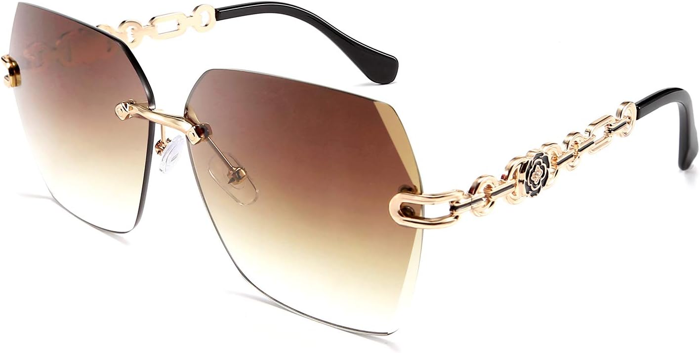 002 Brown | B083VRLS2Q | FEISEDY Classic Rimless Sunglasses Women Metal Frame Diamond Cutting Lens Sun Glasses B2567