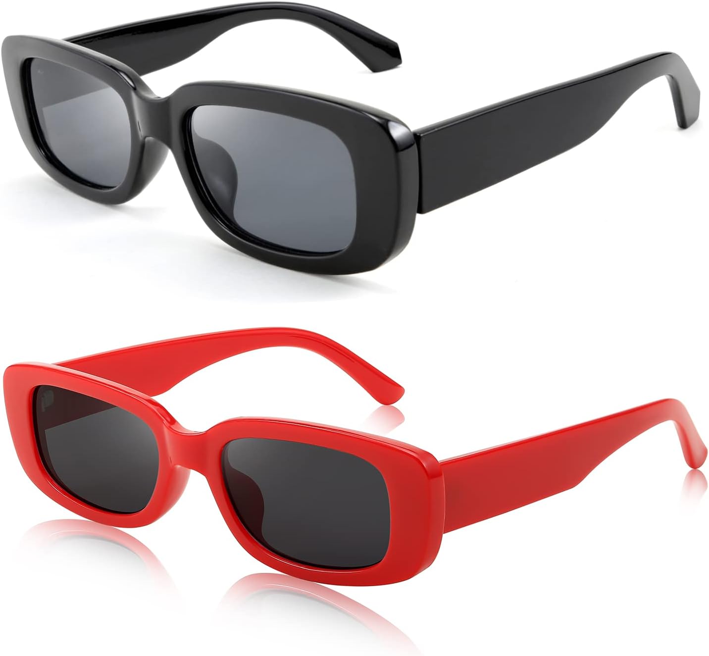 Black + Red / 53 Millimeters | B09XM65NG6 | FEISEDY 2PACK Rectangle Retro Sunglasses 90s Chunky Small Cool Square Glasses B7039-F2