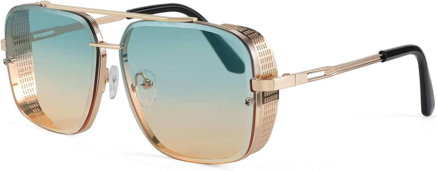 Gradient Green Pink / 55 Millimeters | B09SDB1LDF | FEISEDY Sunglasses Mens Women Vintage Pilot Square Trendy Metal Steampunk Fishing Driving Sun Glasses B2894