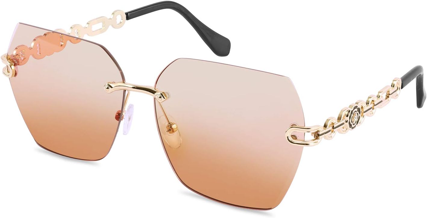 005 Gradient Orange | B08PB4JKPR | FEISEDY Classic Rimless Sunglasses Women Metal Frame Diamond Cutting Lens Sun Glasses B2567