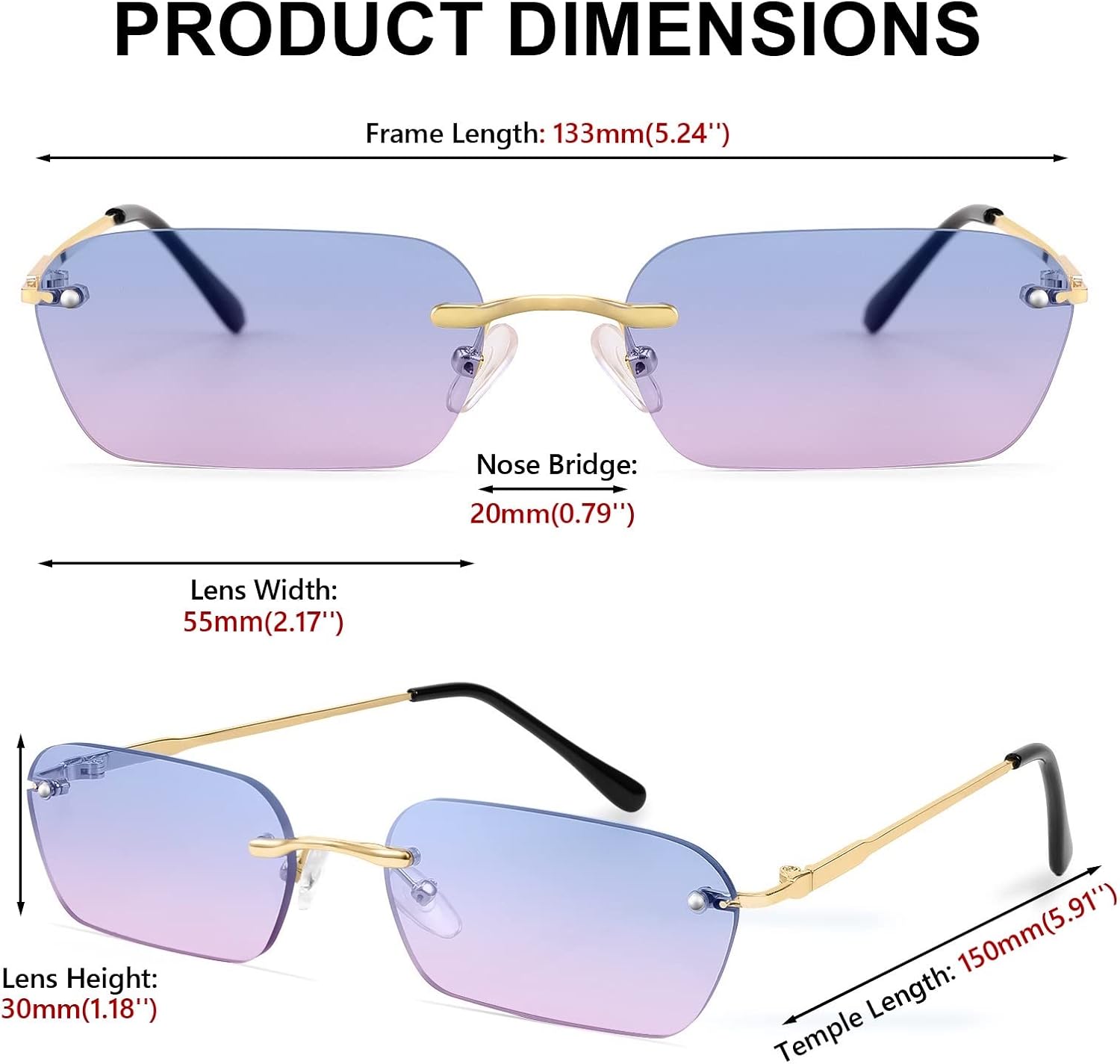 商品图片 72 | B0CY2Q4VW1 | FEISEDY Rimless Sunglasses Y2K Retro Small Narrow Rectangle Shades B2643
