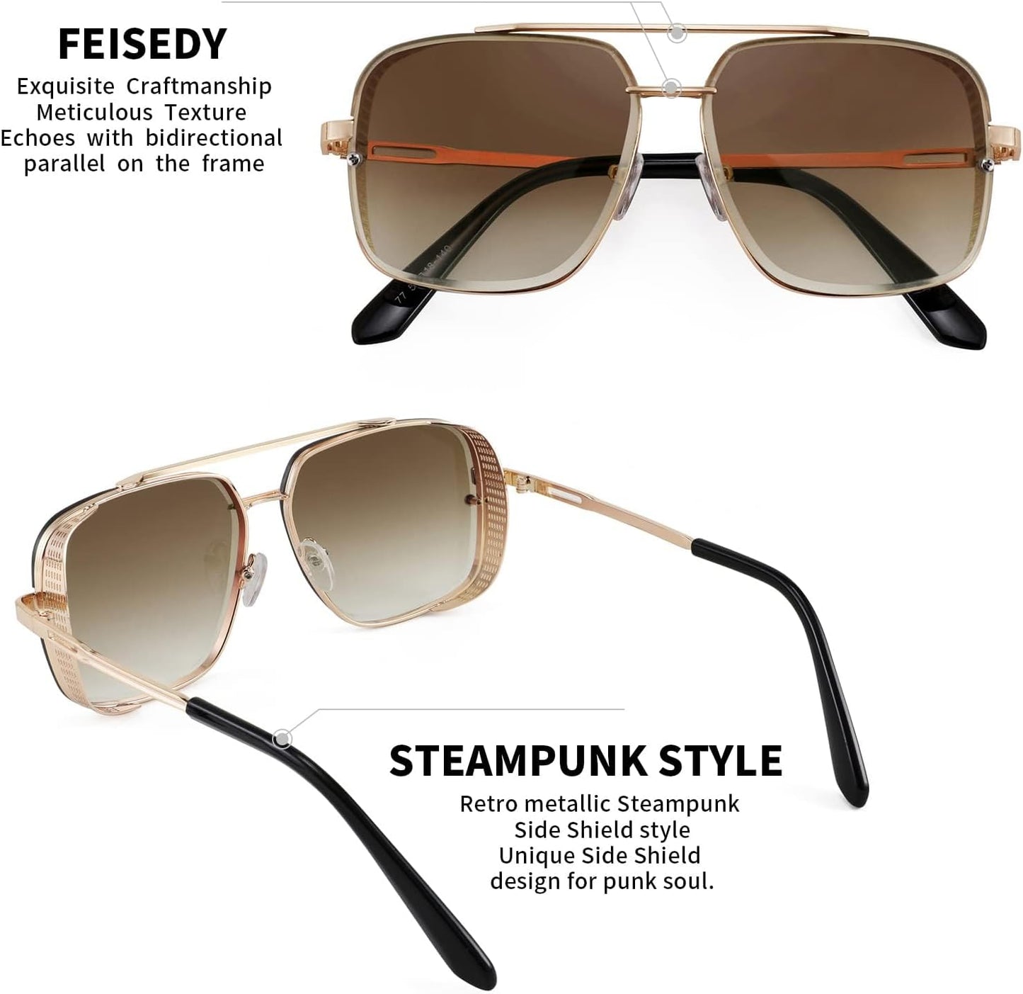 商品图片 8 | B09SDC5BD5 | FEISEDY Sunglasses Mens Women Vintage Pilot Square Trendy Metal Steampunk Fishing Driving Sun Glasses B2894