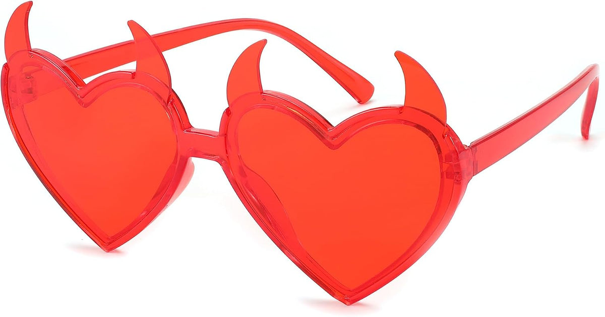 Red / 60 Millimeters | B0CGZT99CD | FEISEDY Sunglasses Women Men, Halloween Party Disco Trendy Love Sun Glasses, Rimless Heart Devil Ear Frame B0054