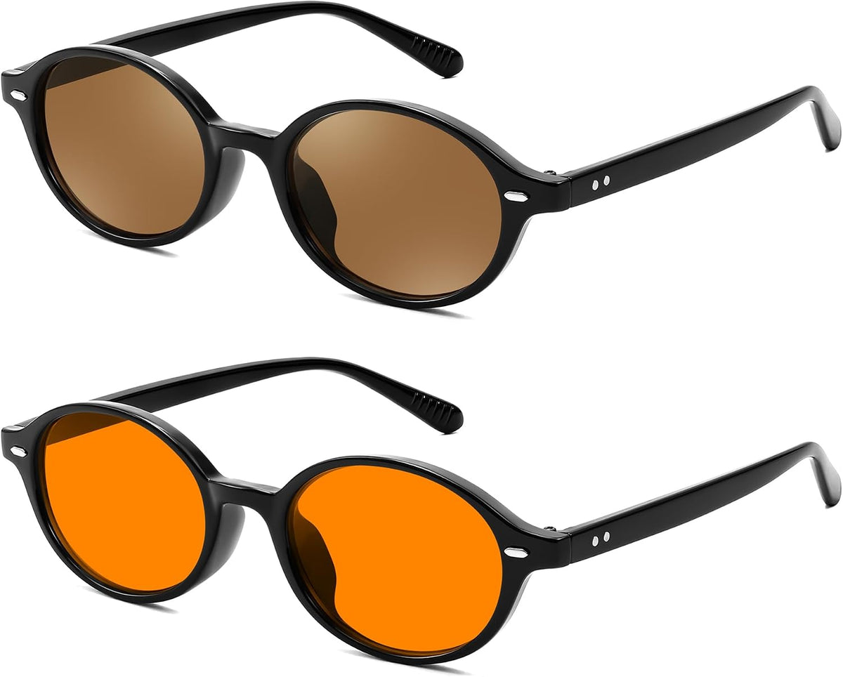 2pack(002 Black Frame & Tea & Grey+009 Black Frame & Orange) / 47 Millimeters | B0FHPTN9T8 | FEISEDY Retro Oval Sunglasses for Women 90s Narrow Round Lightweight Shades Y2k Trendy Sunnies B1171